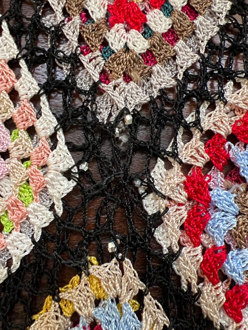 Handmade Crotchet Poncho Shawl Granny Square Fringe Multicolor/Black Beaded OS - Picture 7 of 12
